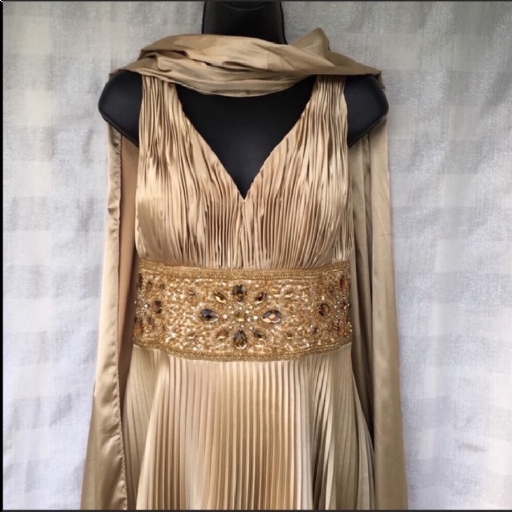 Cache Luxe gold dress with matching wrap. Size 12